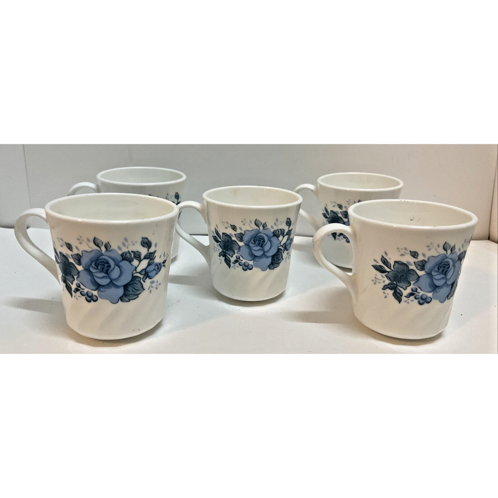 VINTAGE Corelle Cups BLUE VELVET ROSE Floral Swirl 5-Piece Set